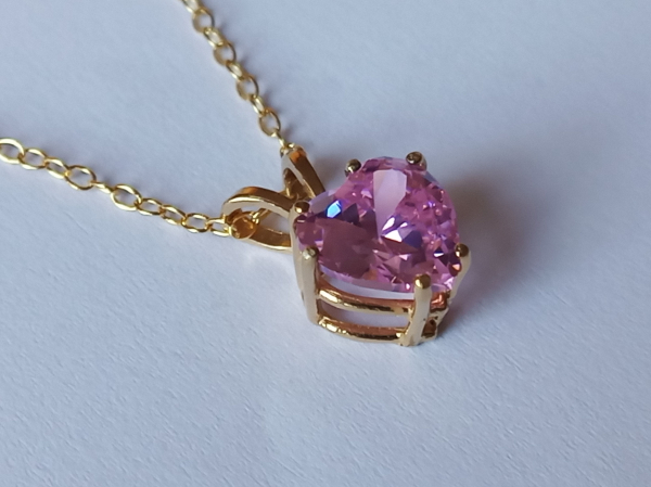 gold plated silver chain with 10 mm pink zirconia heart pendant-anchor chain 45 cm-
